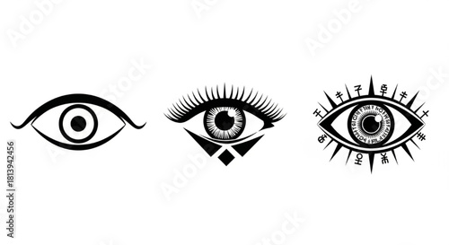 Eye Silhouette Vector Showing Artistic Style Variations — Simple, Lash Detail, Geometric, Mystical Pattern

