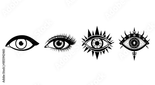 Eye Silhouette Vector Showing Artistic Style Variations — Simple, Lash Detail, Geometric, Mystical Pattern


