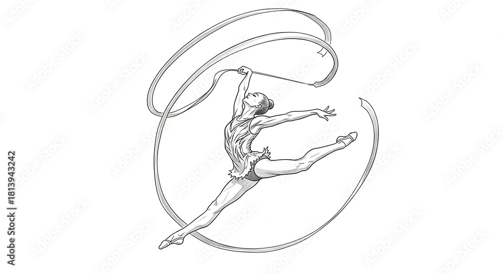 Obraz premium Detailed monochrome illustration of a rhythmic gymnast performing with a ribbon creating dynamic