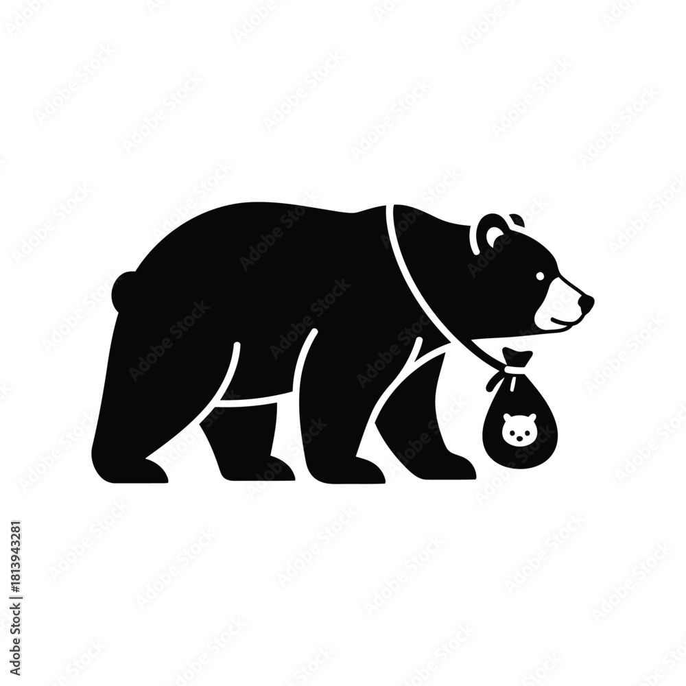 Fototapeta premium Black bear silhouette carrying bag wildlife icon forest animal graphic isolated on white background