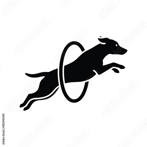 Dog jumping through hoop silhouette agility training pet sport icon canine performance isolated on white background