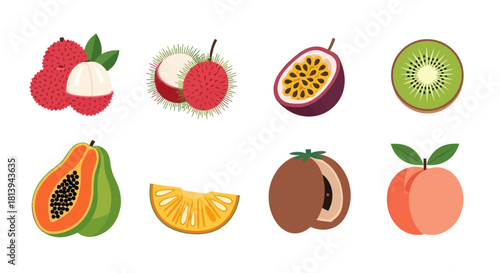 Assortment of exotic fruits lychee rambutan passion fruit kiwi and others