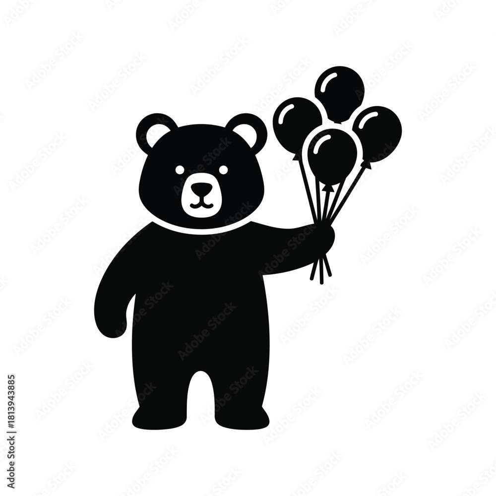 Fototapeta premium Cute black bear holding balloons illustration party animal celebration graphic isolated on white background
