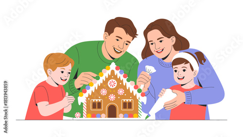 Creating Holiday Memories: A family comes together to decorate a gingerbread house, capturing the warmth and joy of the holiday season through this timeless tradition. 