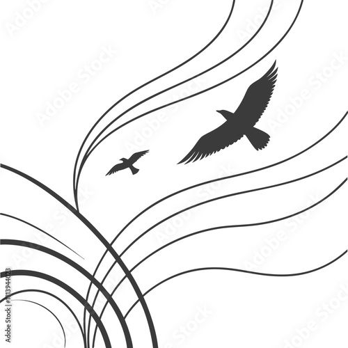 Vector illustration of a black flying eagle silhouette with spread wings, an animal symbol of nature and freedom