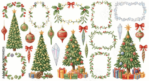 Christmas Watercolor Clipart Set: Decorated Trees, Ornaments, Holly Wreaths & Gifts PNG