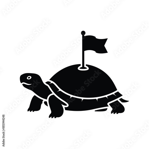 Turtle with flag on shell slow progress symbol endurance concept journey icon isolated on white background