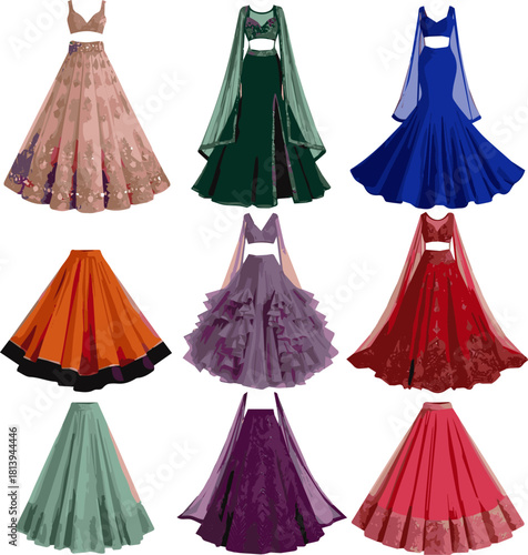 Isolated kinds of different modern weeding lehenga vector art with white background..