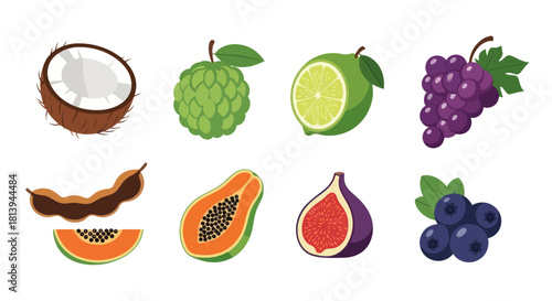 Assortment of fresh fruits coconut custard apple lime grapes and more