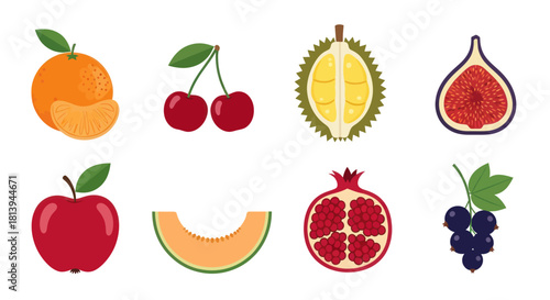 Assortment of fresh fruits orange cherry durian fig apple melon pomegranate currant