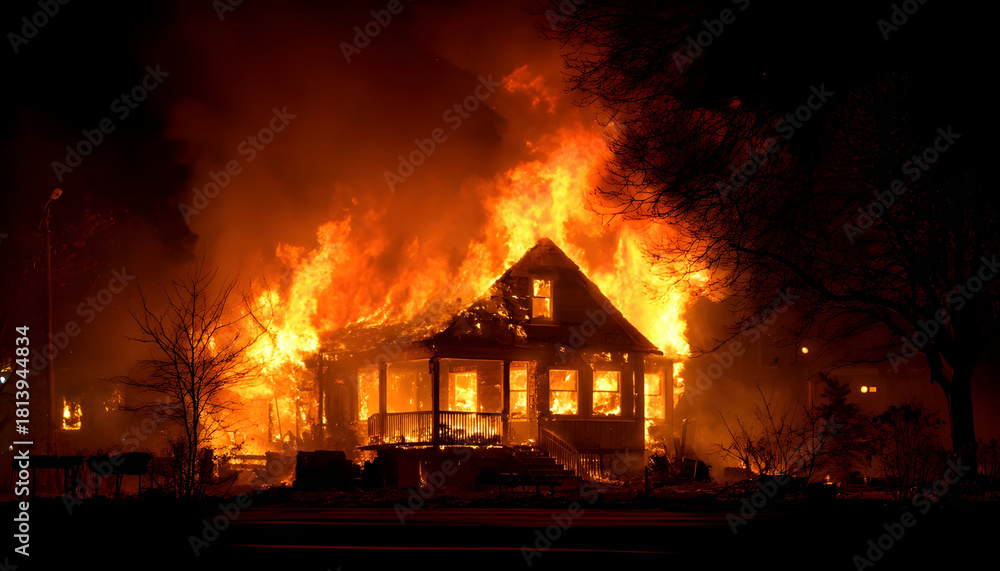 Fototapeta premium A house engulfed in flames. Suitable for illustrating fire emergencies