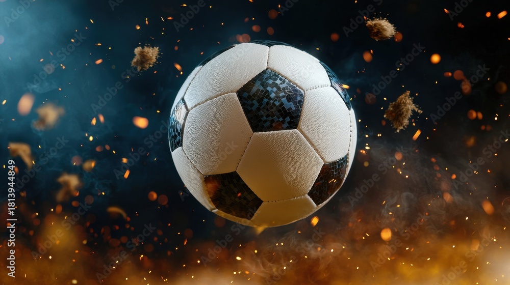 Fototapeta premium Soccer Ball Surrounded by Flames and Smoke in Dramatic Background