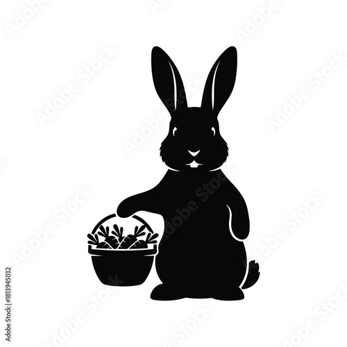 Black easter bunny silhouette holding basket spring holiday rabbit cute animal isolated on white background