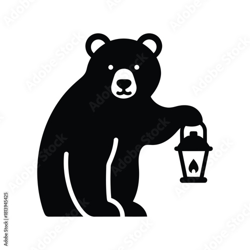 Bear holding lantern silhouette forest animal icon camping gear night light adventure symbol isolated on white background