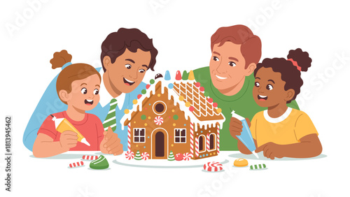 Creating Gingerbread Dream: A cheerful family gathering to decorate a whimsical gingerbread house.