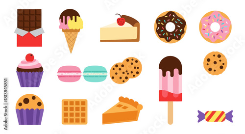 Assortment of sweet treats colorful vector illustration on white