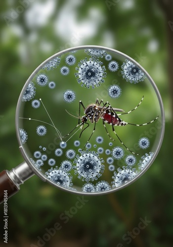 Mosquito Carrying Viruses Under Magnifying Glass - shows a mosquito carrying viruses. The viruses are visible through a magnifying glass with a green leafy background