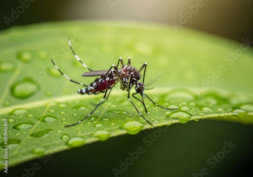 Wallpaper Mural Mosquito on Green Leaf with Water Droplets - Close up of mosquito resting on a green leaf covered in water droplets,macro of insect Torontodigital.ca