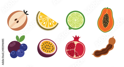 Assortment of vibrant and colorful sliced fruits isolated on a white backdrop