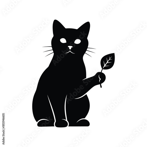 Black cat holding leaf illustration mystical pet silhouette witch familiar art isolated on white background