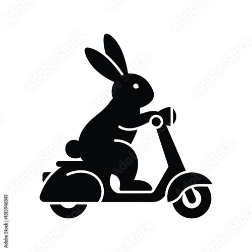 Black rabbit riding scooter silhouette cute animal transport cartoon character isolated on white background