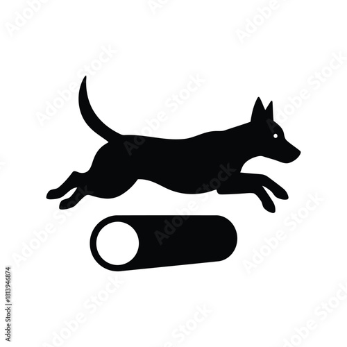 Black dog silhouette jumping over hurdle athletic pet agility training action pose isolated on white background