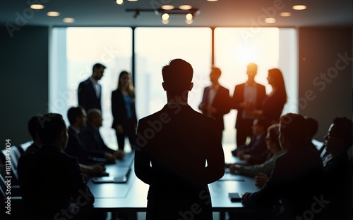Silhouette of team waiting for presentation in boardroom with leader getting work ready to start. Group of people standing, discussing and talking in the background before the meeting begins.