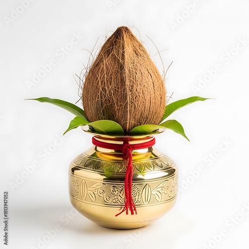 Decorative golden vessel with coconut and green leaves 