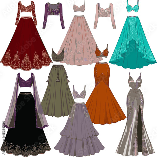 Isolated kinds of different modern weeding lehenga vector art with white background..
