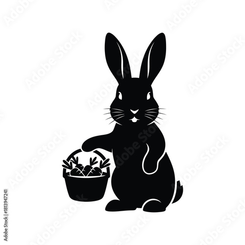 Black easter bunny silhouette holding basket spring holiday rabbit cute animal isolated on white background