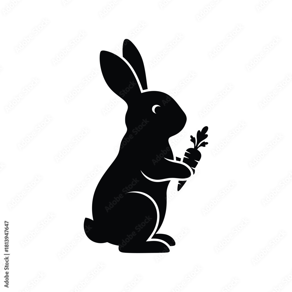 Obraz premium Black rabbit silhouette holding carrot cute bunny vector graphic isolated on white background
