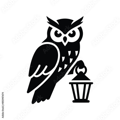 Black owl holding lantern vector illustration wisdom symbol nocturnal bird icon isolated on white background