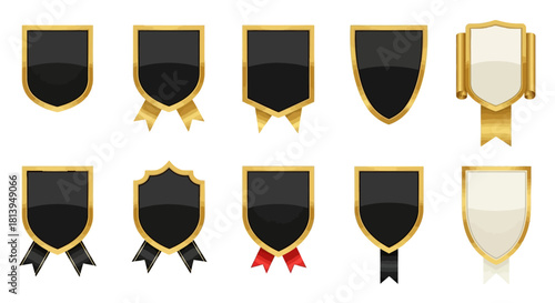 Collection of elegant shields with golden frames and ribbons for heraldry and design purposes vector illustration