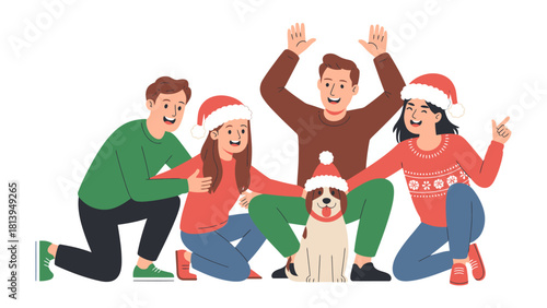 Festive Family Holiday with a Canine Companion: A cheerful family and their dog are happily gathered together. The holiday is filled with warmth, smiles, and the undeniable bond of friendship.