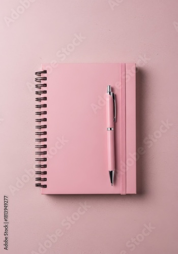 Pink Notebook and Pen on Pink Background - Pink notebook with pen on pink background, perfect for notes or organization