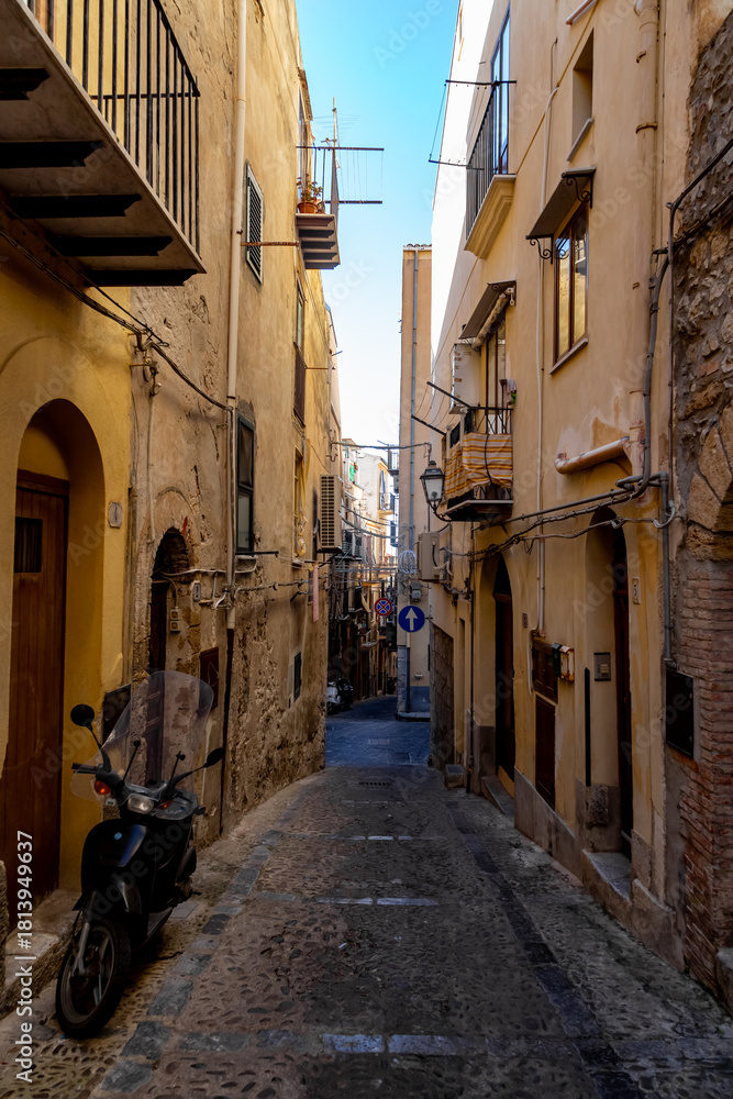 Fototapeta premium Old buildings and streets of Cefalu, Sicily, Italy, Mediterranean, Europe. Winter time