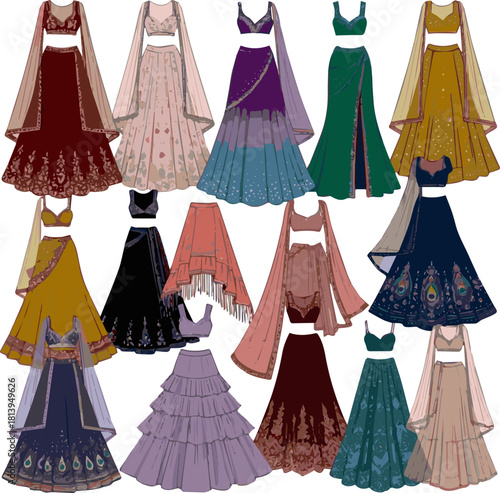 Isolated kinds of different modern weeding lehenga vector art with white background..