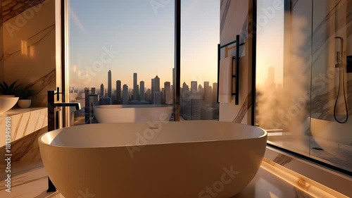 Cinematic modern luxury bathroom interior with marble walls and a freestanding bathtub overlooking a city skyline at sunset, ideal for real estate and architectural visualization backgrounds