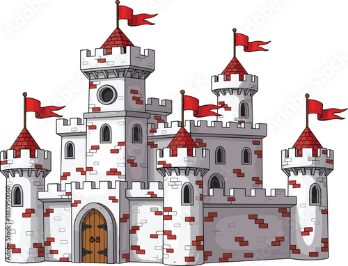 Cartoon medieval castle with red flags, stone towers, and arched wooden door, perfect for fairy tale themes, game assets, or fantasy vector illustration designs