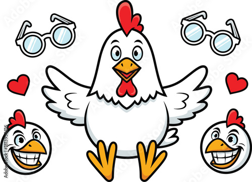 Cute cartoon chicken with open wings, surrounded by hearts, sunglasses, and smiling faces, perfect for fun, farm-themed, or humorous vector illustrations for kids, ads, and social media