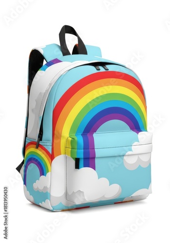 Rainbow Backpack with Clouds Illustration - A colorful backpack features a vibrant rainbow and cloud design against a light blue sky background. Perfect for school or everyday !