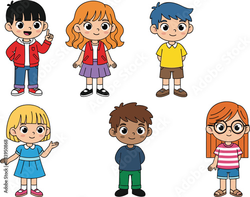 Cute cartoon kids set with diverse appearances and outfits, representing friendship, school life, and childhood for educational, social, or family-themed vector illustrations