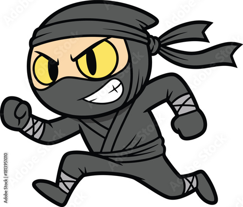 Cute cartoon ninja in black outfit running with fierce yellow eyes and determined expression, perfect for game art, kids’ designs, or action-themed vector illustrations