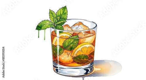 Refreshing Bourbon Smash Cocktail Illustration - Vibrant watercolor illustration of a bourbon smash. This refreshing drink symbolizes relaxation, celebration, leisure, craftsmanship, and summer