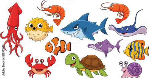Cute cartoon ocean animals set including squid, shark, crab, turtle, and fish, perfect for kids’ education, marine themes, or playful vector illustrations for apps and games