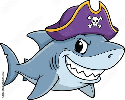 Cute cartoon shark wearing a purple pirate hat with skull and crossbones, smiling with sharp teeth, ideal for kids’ content, adventure themes, or playful marine vector illustrations