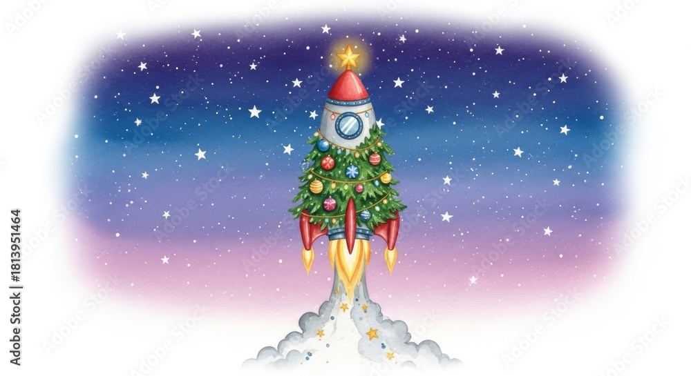 Naklejka premium Rocket Christmas Tree Launching into Space - A festive rocket Christmas tree takes flight amidst a starry sky. Symbolizing adventure, hope, joy, innovation, and celebration. White background