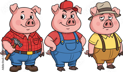 Cute cartoon three little pigs in different outfits and poses, representing construction, teamwork, and classic fairy tale characters for kids’ education or storybook vector illustrations