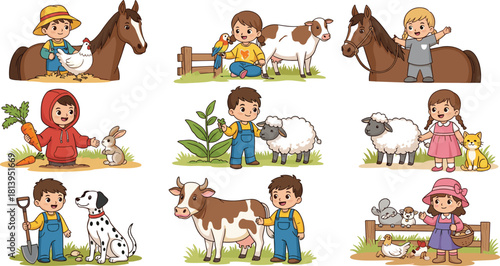 Cute children interacting with farm animals like cows, horses, sheep, and chickens in a rural setting, ideal for education, agriculture, or kids' activity illustrations