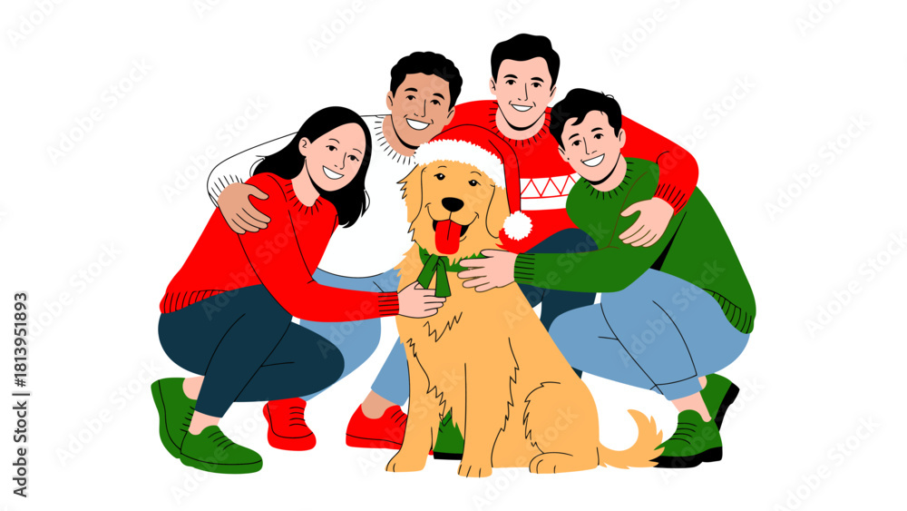 Naklejka premium Holiday Cheer with Furry Friend: A heartwarming scene unfolds as a group of friends gathers around a cheerful golden retriever, embodying the spirit of the holiday season, with a festive hat.